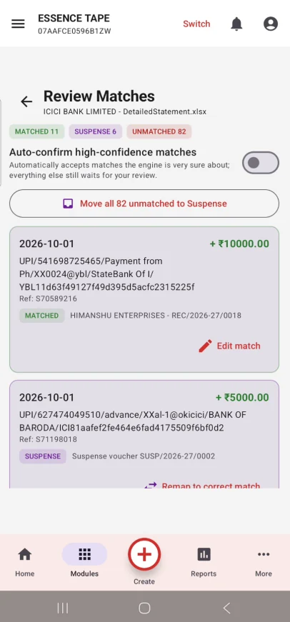 Actual Ganak360 app screen showing bank ai matching