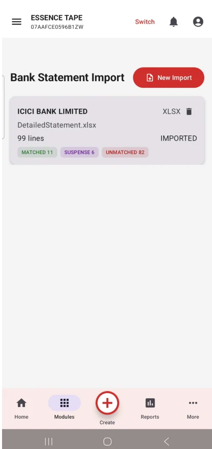 Actual Ganak360 app screen showing bank import