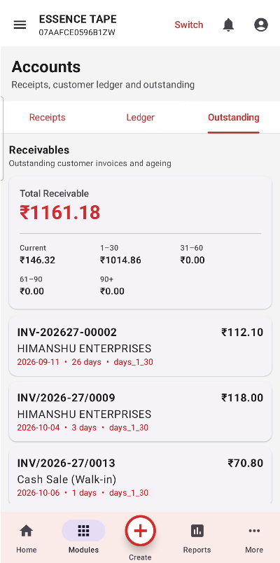 Ganak360 receivables ageing